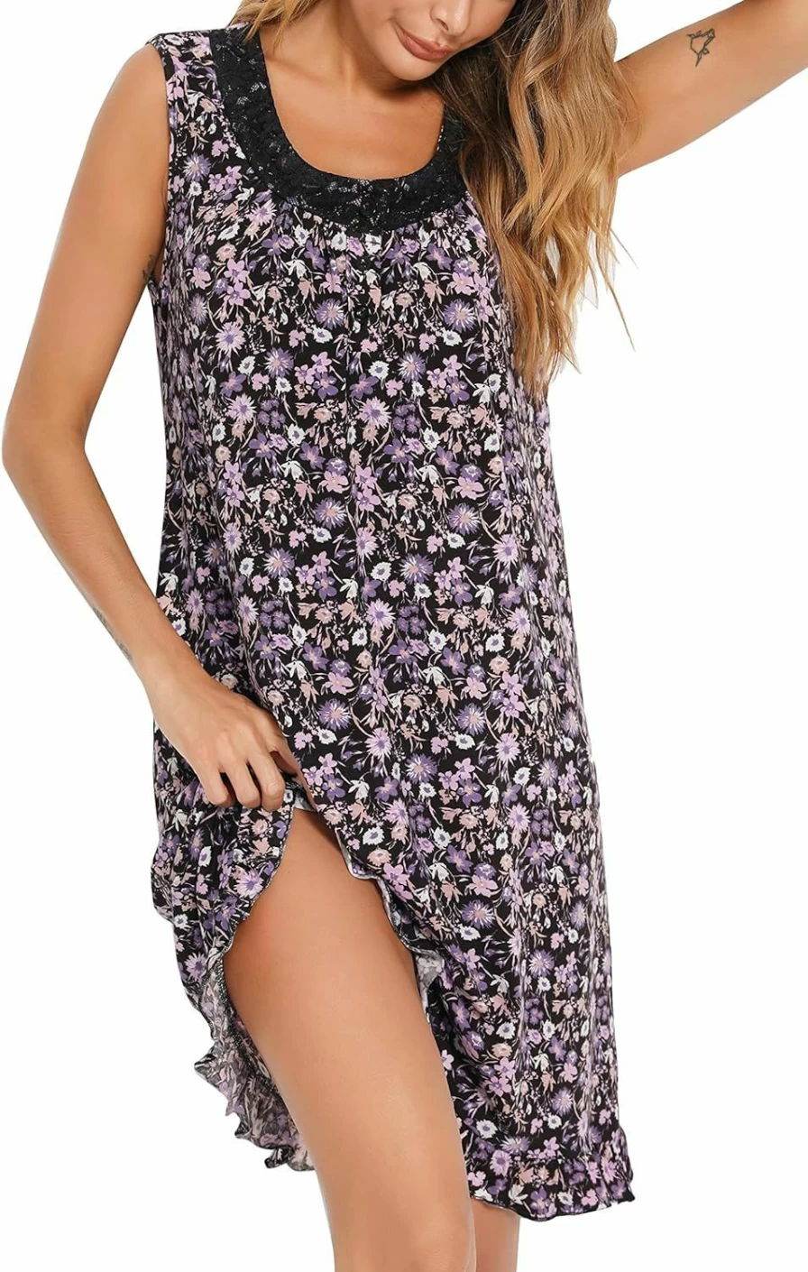 Vslarh Women's Sleeveless Lace Chemise Nightgown - Soft Sleepshirt Tank Top with Wide Straps, Comfortable Sleepwear Pajama Dress for Women