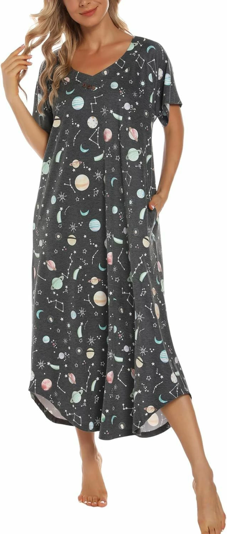 YOZLY Women's Soft V-Neck Nightshirt with Pockets - Comfortable Short Sleeve Nightgown & House Dress (S-XXL)