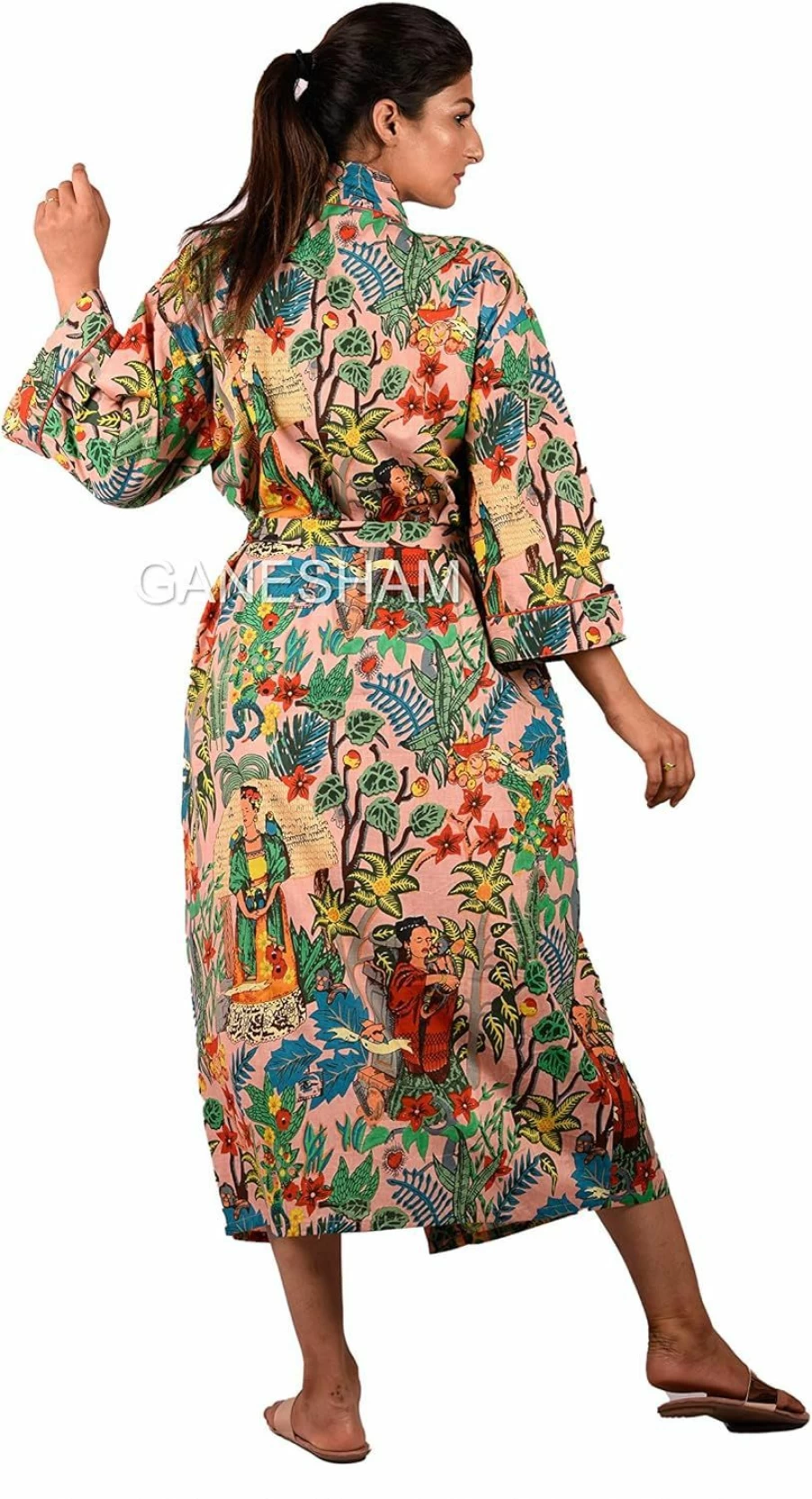 KLAVATE Women's Pink Cotton Kimono Cardigan - Indian Handmade Kahlo Design Sleepwear, Beach Cover Up, Bath Robe, Nightgown
