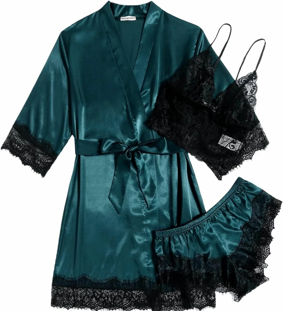 MAXMODA Women's 3-Piece Lace Lingerie Set - Sexy Satin Robe & V-Neck Sleepwear for Bridal Pajamas
