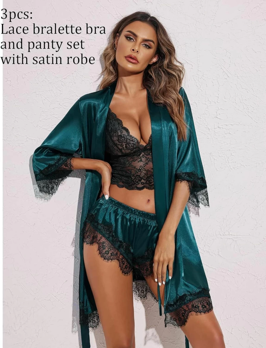 MAXMODA Women's 3-Piece Lace Lingerie Set - Sexy Satin Robe & V-Neck Sleepwear for Bridal Pajamas