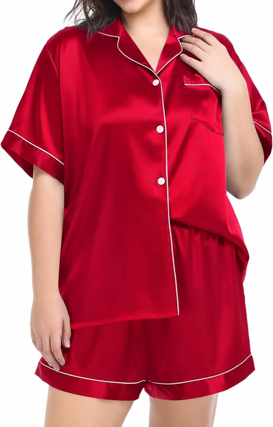SWOMOG Women's Plus Size Satin Pajama Set - Short Sleeve Button Down Sleepwear & Loungewear 2-Piece PJS for Sizes 16-26W