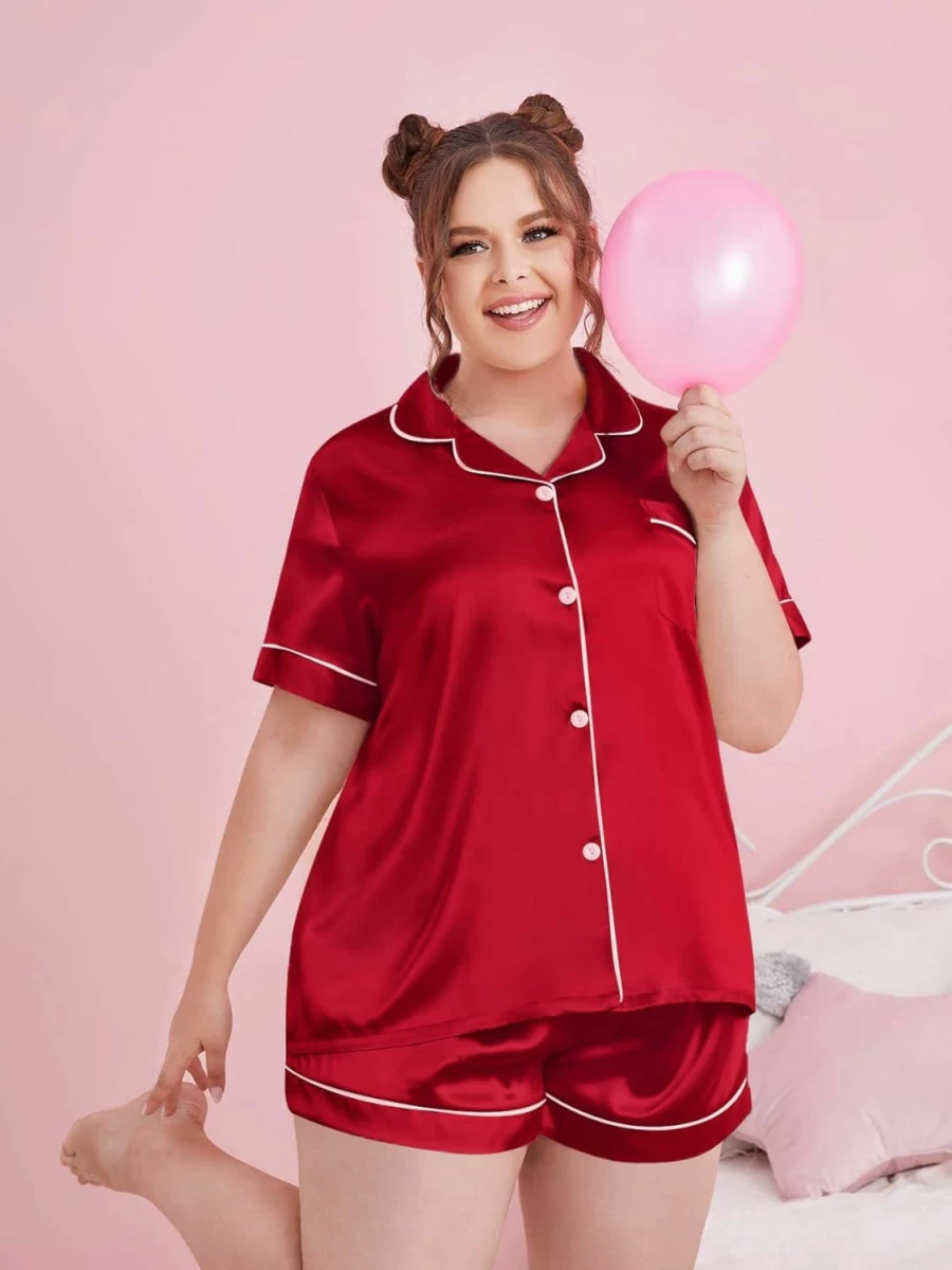 SWOMOG Women's Plus Size Satin Pajama Set - Short Sleeve Button Down Sleepwear & Loungewear 2-Piece PJS for Sizes 16-26W