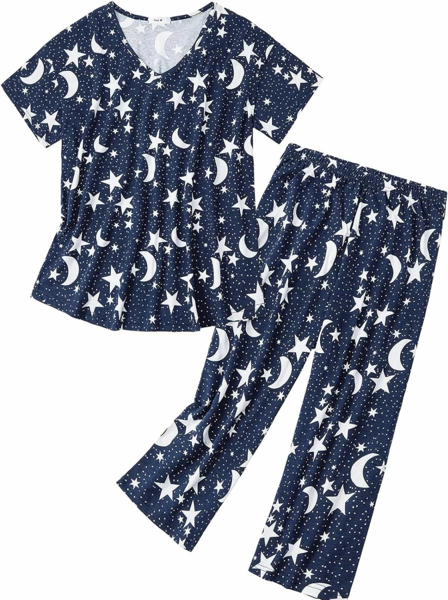 Century Star Women's Cotton Summer Pajama Set - Soft Short Sleeve Top & Capri Sleepwear Pants for Ladies