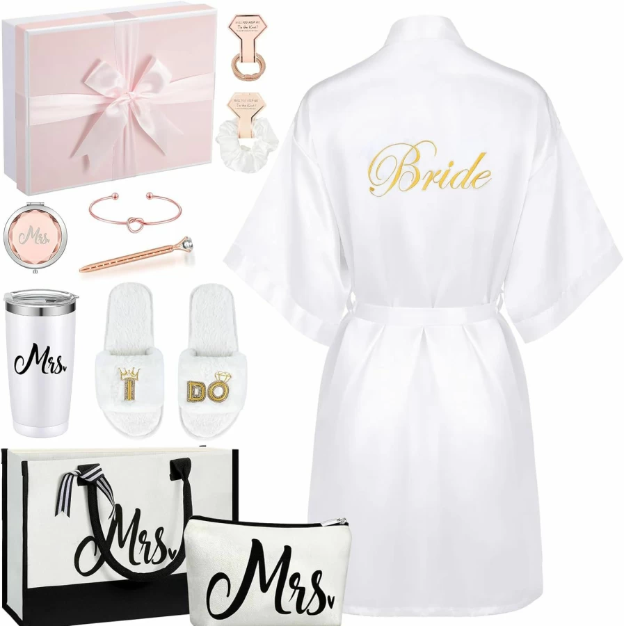 "Berlune 14-Piece Bridal Gift Set - Satin Robe, Tote Bag, Stainless Steel Glasses, Slippers - Perfect Wedding Party Favors"
