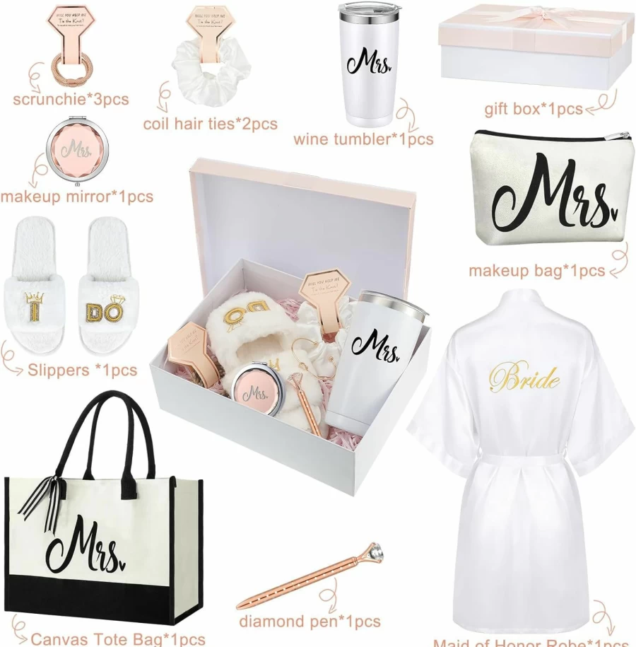 "Berlune 14-Piece Bridal Gift Set - Satin Robe, Tote Bag, Stainless Steel Glasses, Slippers - Perfect Wedding Party Favors"