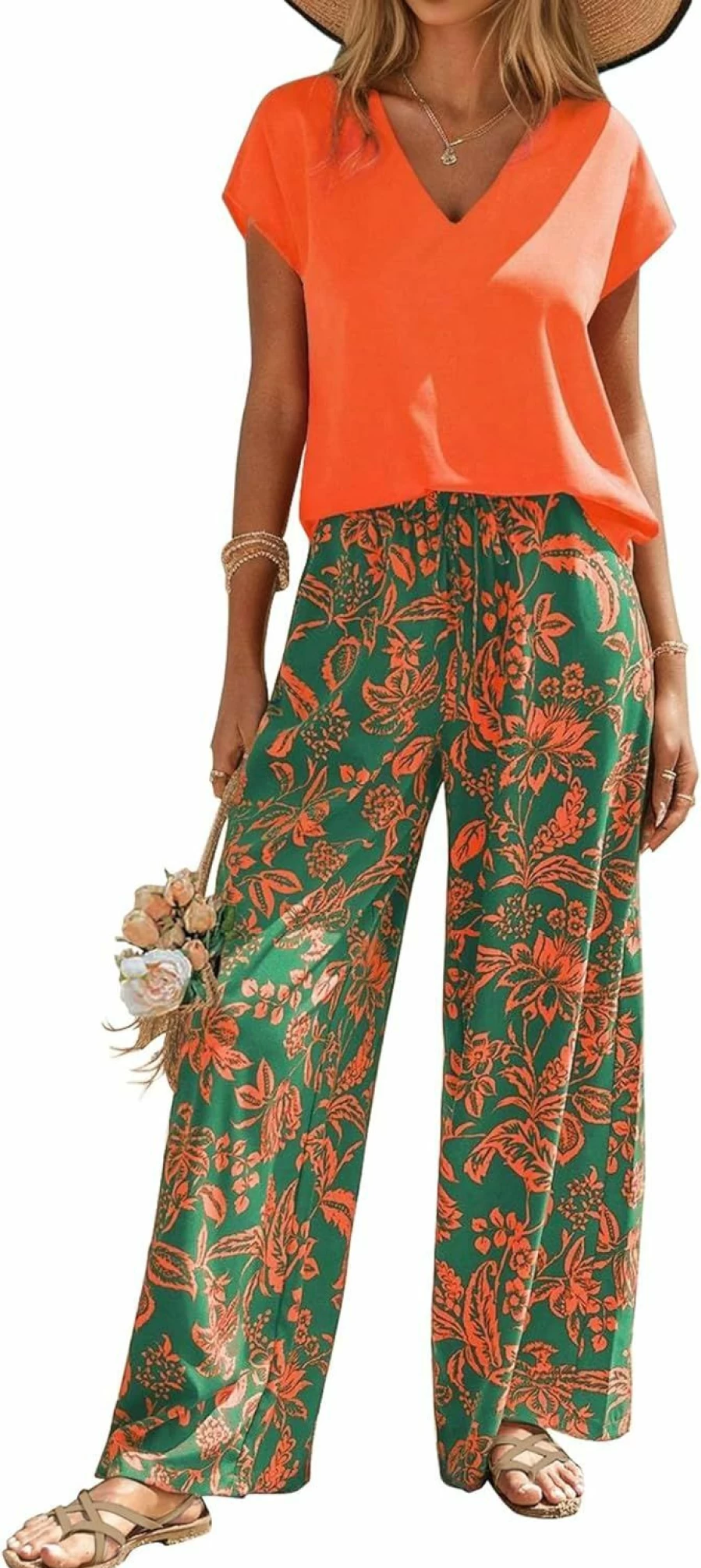 Andeip Women's Summer Pajama Set - Soft Short Sleeve Top & Comfortable Long Pants Lounge Wear - Breathable 2-Piece Sleepwear for Women