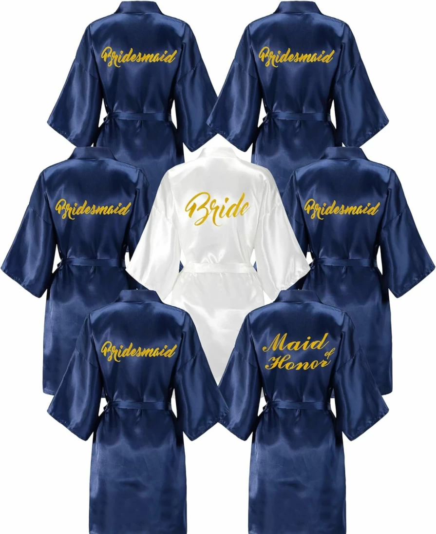 EPLAZA 7-Piece Bridal Party Robes for Women - Short Satin Kimono with Gold Glitter for Bride & Bridesmaids - Wedding Sleepwear & Getting Ready Outfits