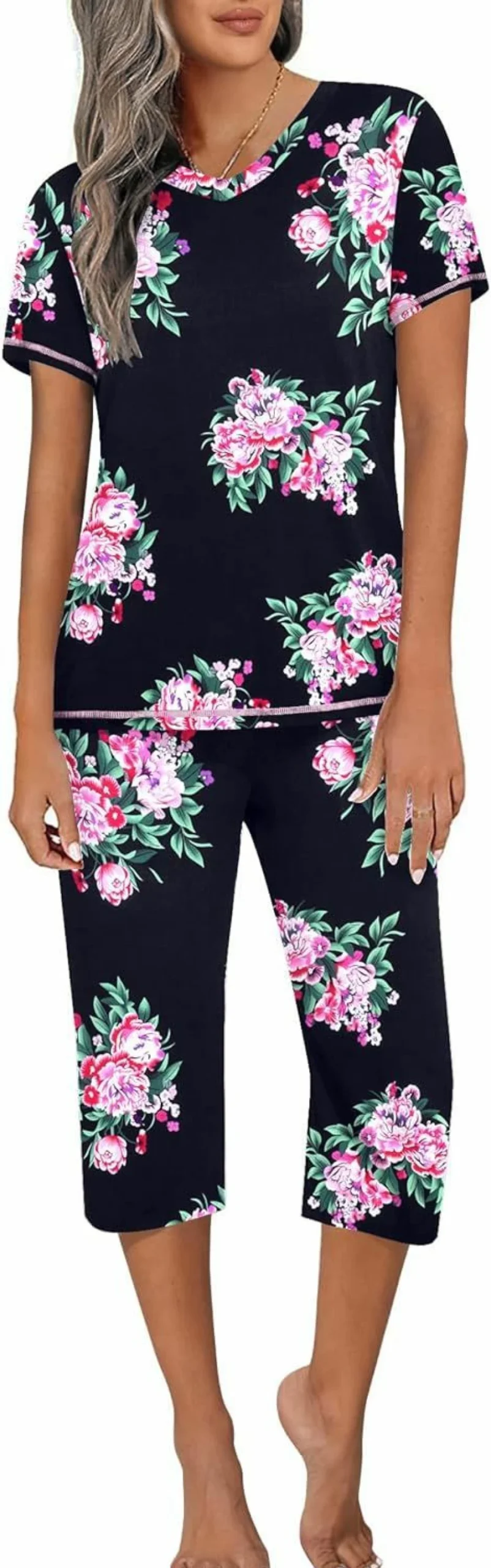 Ekouaer Women's Summer Pajama Set - Breathable Short Sleeve V-Neck Top & Capri Pants with Pockets (S-3XL) Comfortable Sleepwear