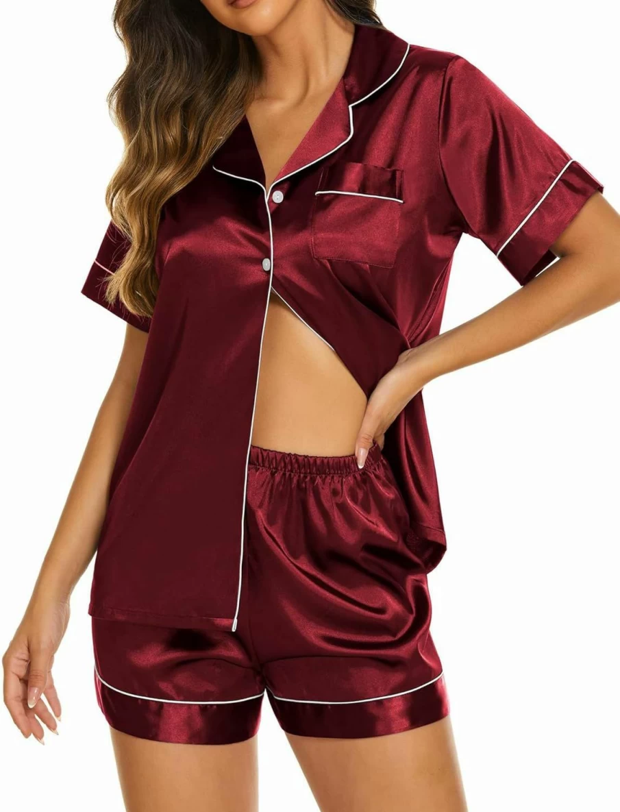Ekouaer Women's Satin Pajama Set - Short Sleeve Button-Down Top & Shorts Lounge Sleepwear (S-XXL) Soft Comfortable 2-Piece Pjs