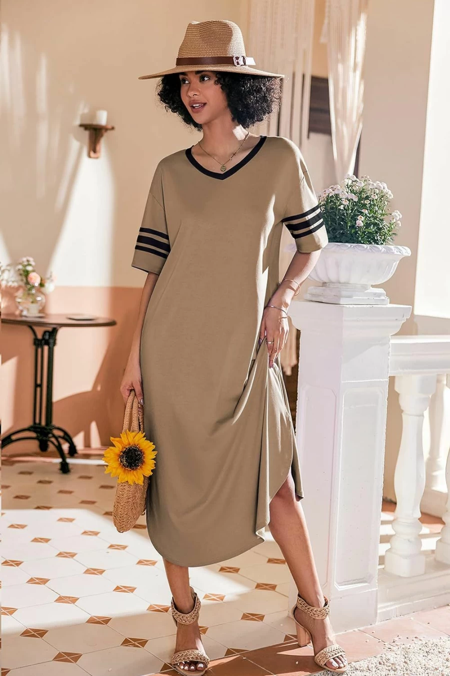 Ekouaer Women's Oversized V-Neck Sleep Dress - Long Loose Nightgown & Loungewear for Comfort S-4XL