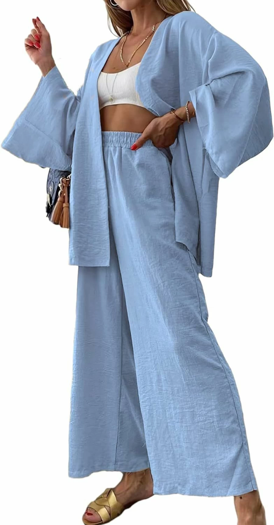 ZAFUL Women's Linen Loungewear Set: Loose Cardigan & High-Waist Wide Leg Pants Casual Outfit