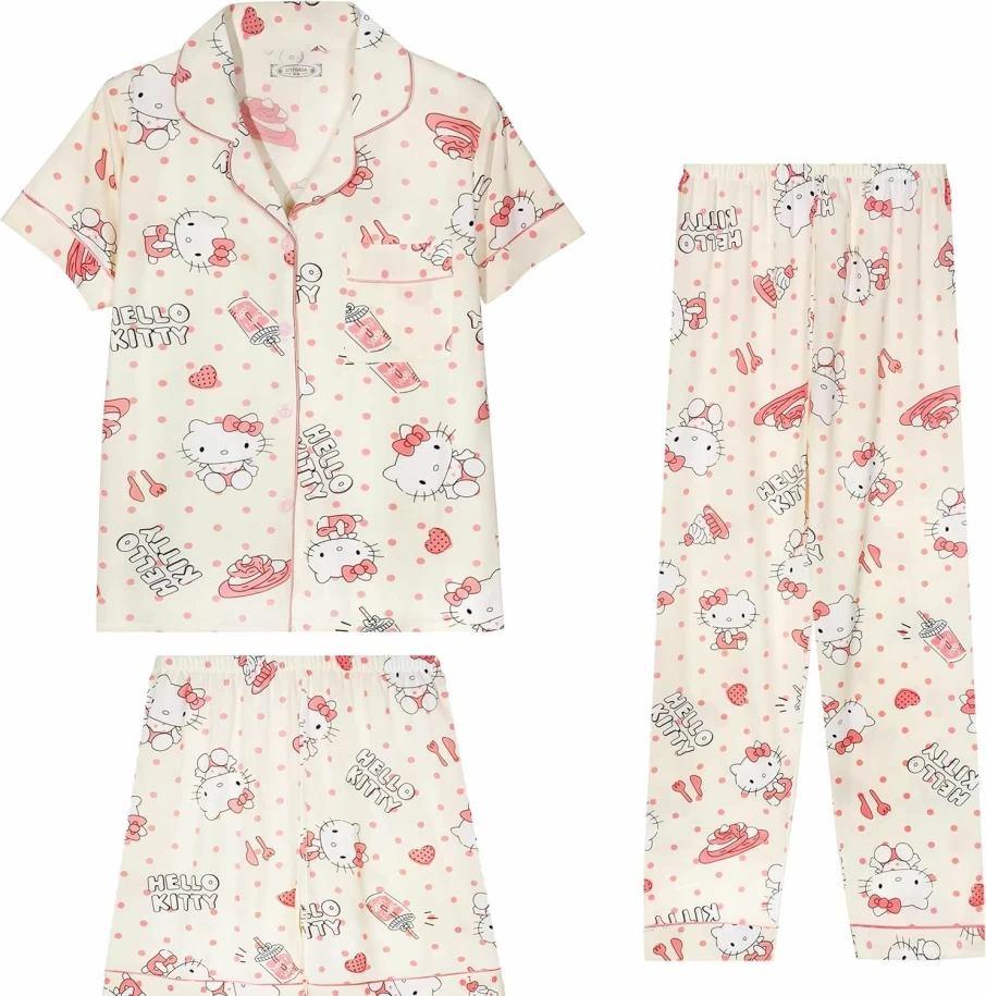 Zmioviq Women's 3-Piece Cute Cartoon Pajama Set - Short Sleeve Sleep Shirt & Lounge Pants with Matching Shorts