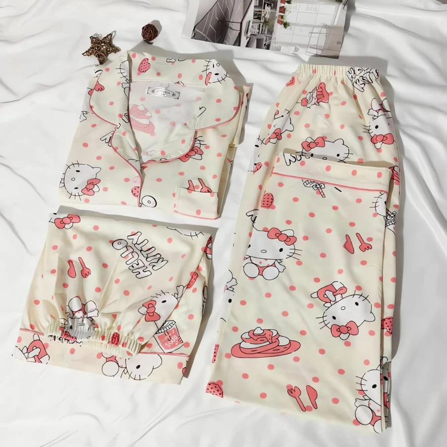 Zmioviq Women's 3-Piece Cute Cartoon Pajama Set - Short Sleeve Sleep Shirt & Lounge Pants with Matching Shorts