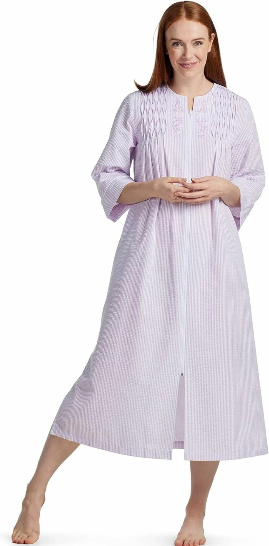 Miss Elaine Women's Seersucker Robe with Front Embroidered Trim, Pockets & Zipper - Sleepwear & Loungewear