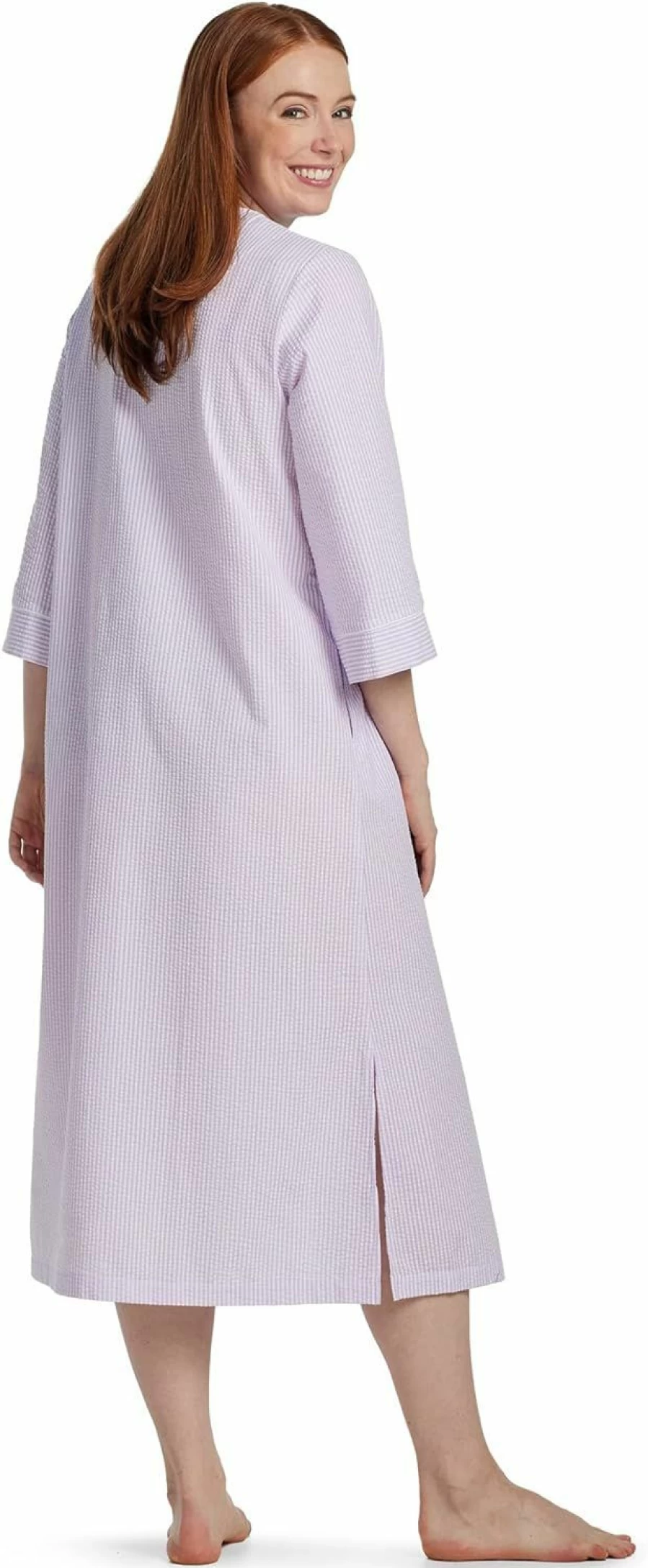 Miss Elaine Women's Seersucker Robe with Front Embroidered Trim, Pockets & Zipper - Sleepwear & Loungewear