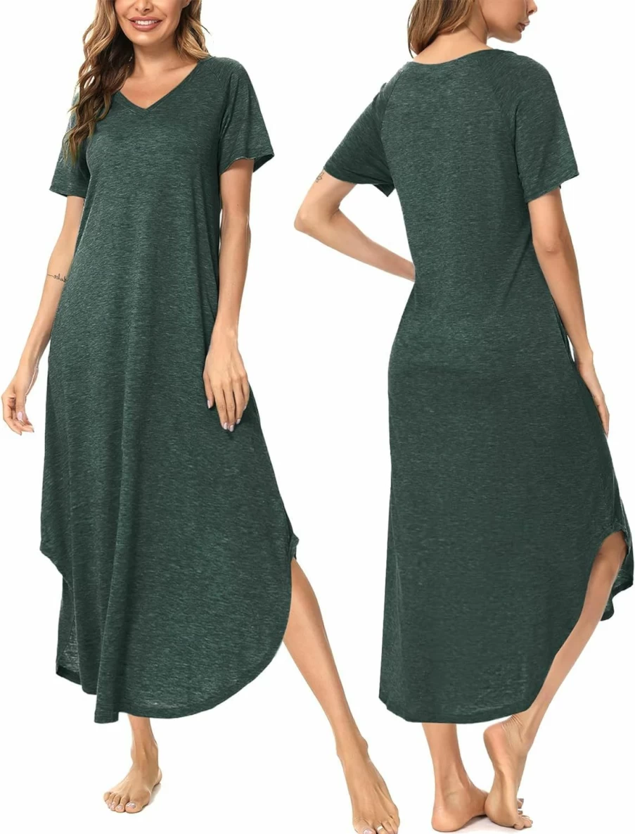 Marvmys Women's Soft Cotton V-Neck Sleepshirt with Pocket - Comfortable Short Sleeve Nightgown for Relaxing Sleepwear