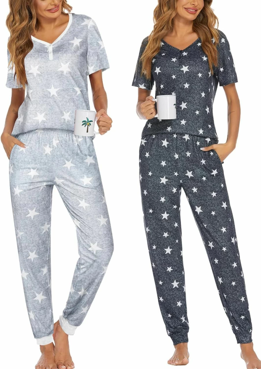 Ekouaer Women's 2 Piece Pajama Set - Short Sleeve Sleepwear with Jogger Pants & Pockets for Lounge & Comfort