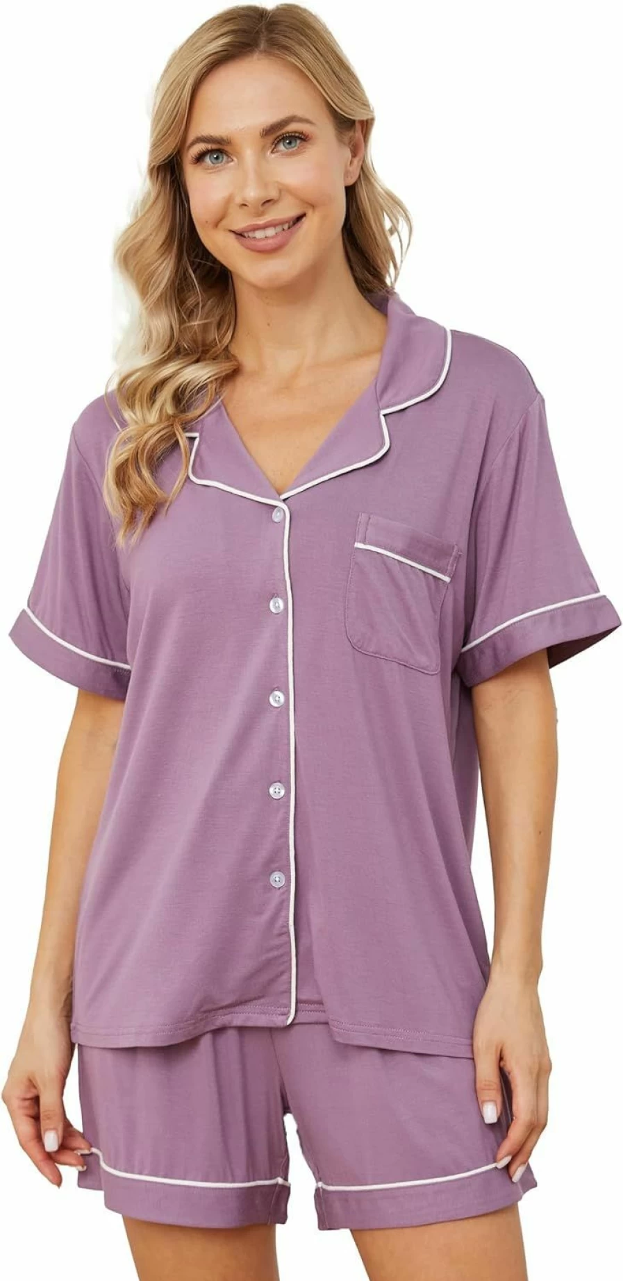 Yoolfine Women's Soft Short Sleeve Pajama Set - Button Down Sleepwear & Lounge PJ Set (XS-XL) Comfortable Nightwear