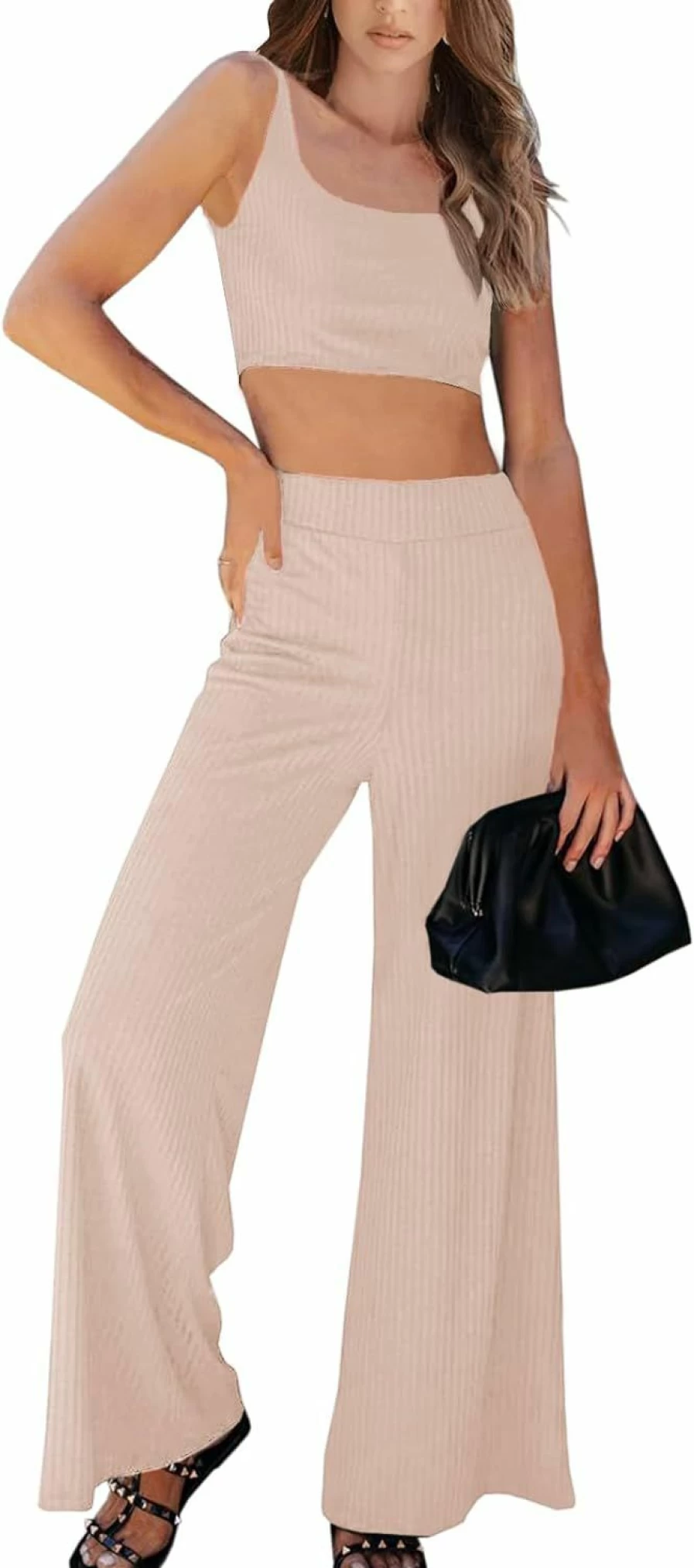 Onedreamer Women's Ribbed Knit Lounge Set - Crop Top & High Waist Wide Leg Pants 2 Piece Outfit