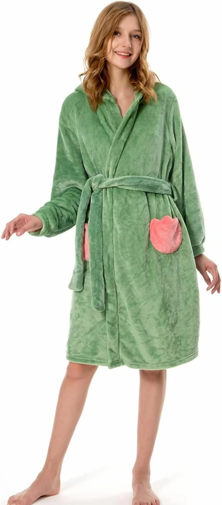 OLAOLA Women's Soft Plush Hooded Bathrobe - Cozy Animal Print Pajama Robe, Warm Home Loungewear, Christmas Gift Idea