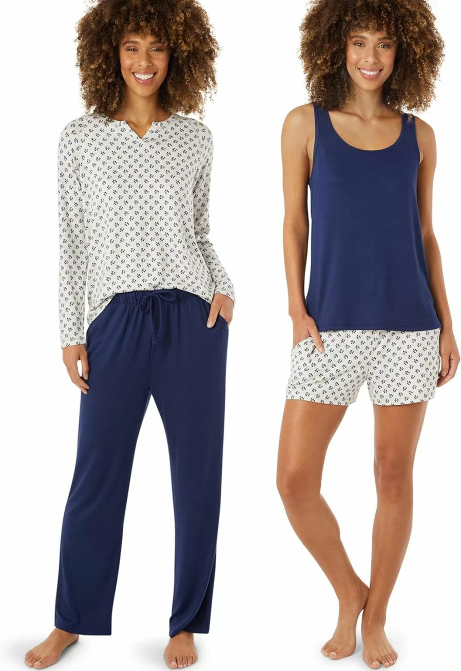 Eddie Bauer Women's 4-Piece Pajama Set - Long Sleeve Top, Jogger Pants & Shorts with Crewneck Sleepwear for Comfort