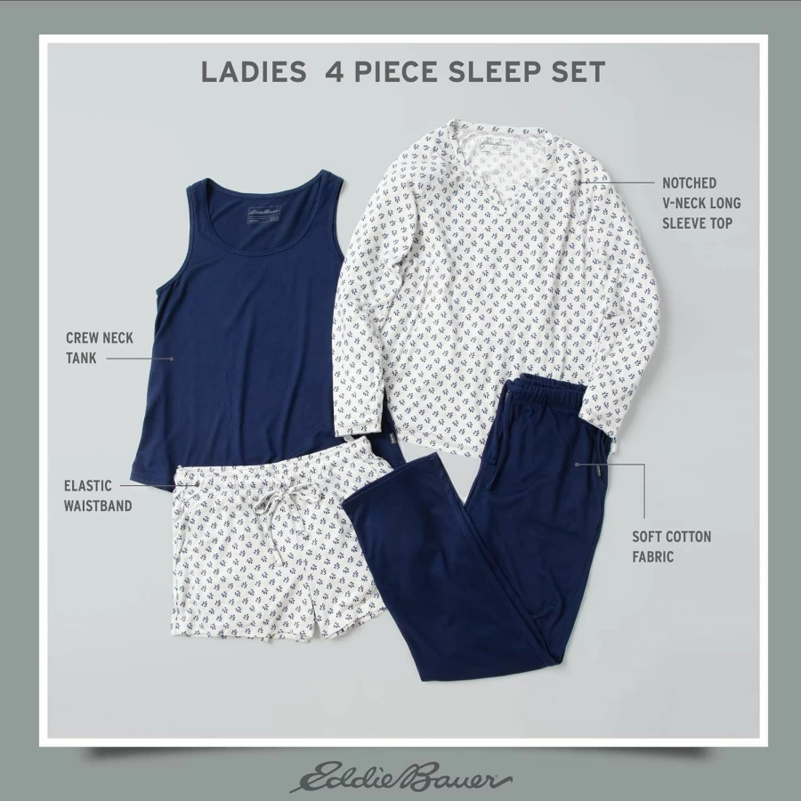 Eddie Bauer Women's 4-Piece Pajama Set - Long Sleeve Top, Jogger Pants & Shorts with Crewneck Sleepwear for Comfort
