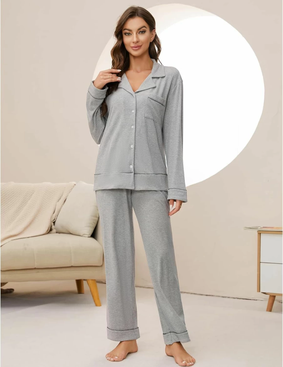 HEARTNICE Women's Cozy Knit Pajama Set - Long Sleeve Button-Up Sleepwear & Lounge 2-Piece PJS