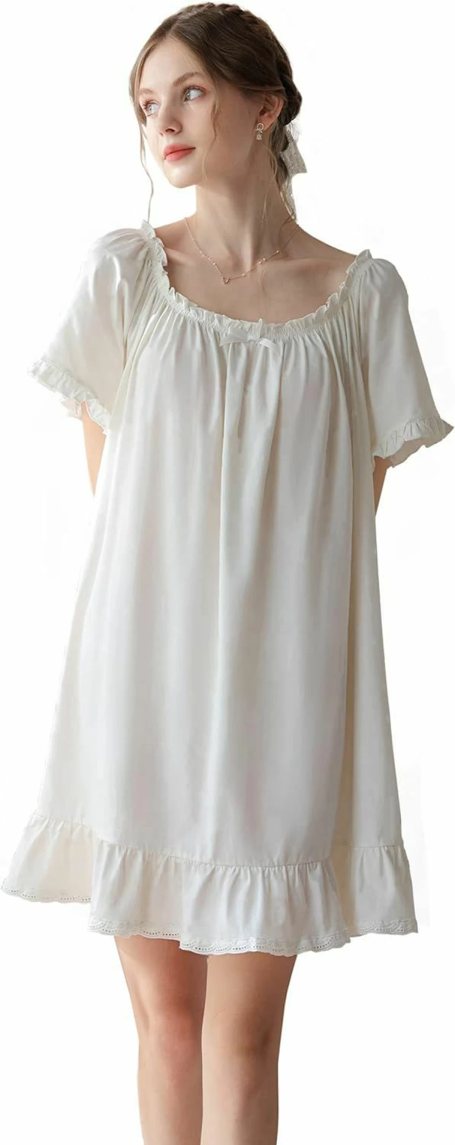 COSOSA Women's Vintage Cotton Nightgown - Lightweight Short Sleeve Princess Nightdress Sleepwear Set