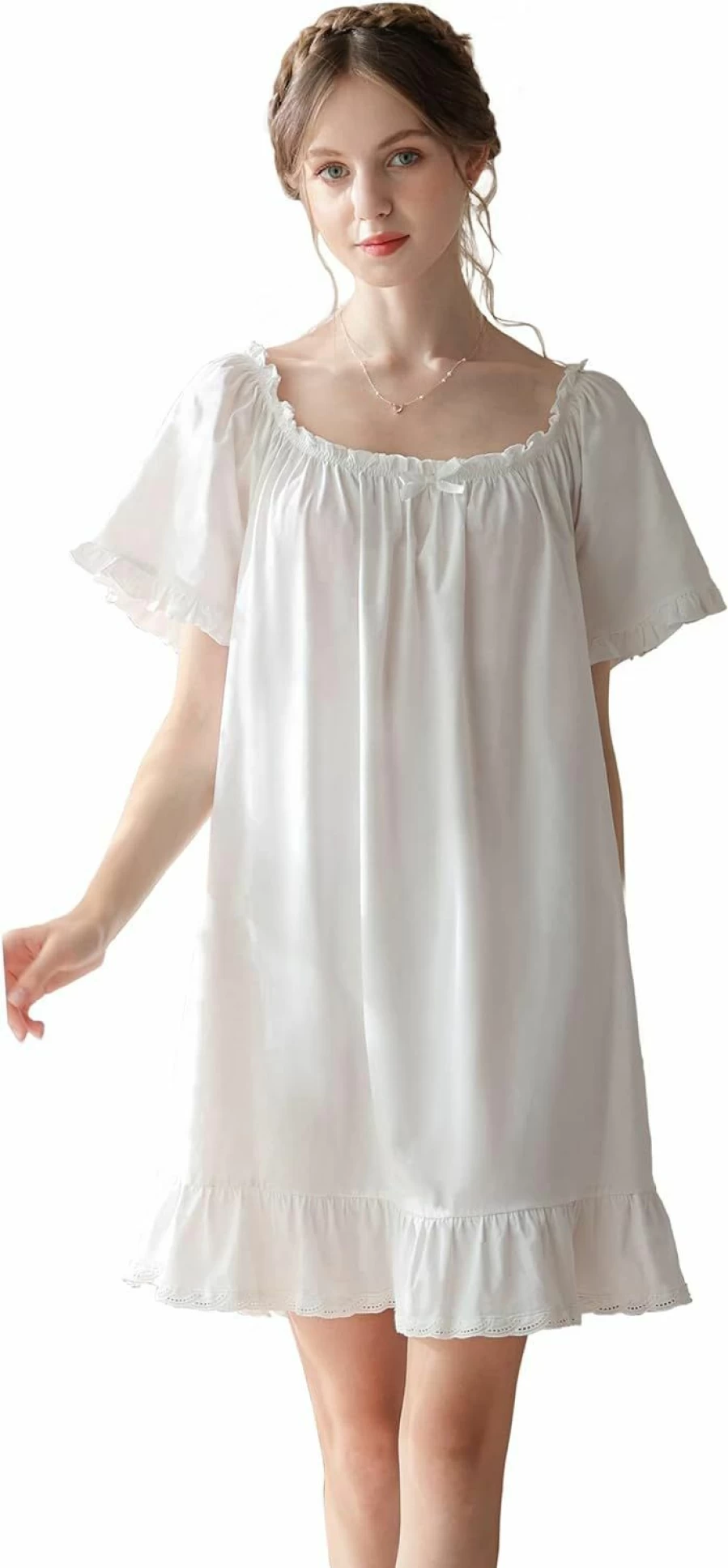 COSOSA Women's Vintage Cotton Nightgown - Lightweight Short Sleeve Princess Nightdress Sleepwear Set