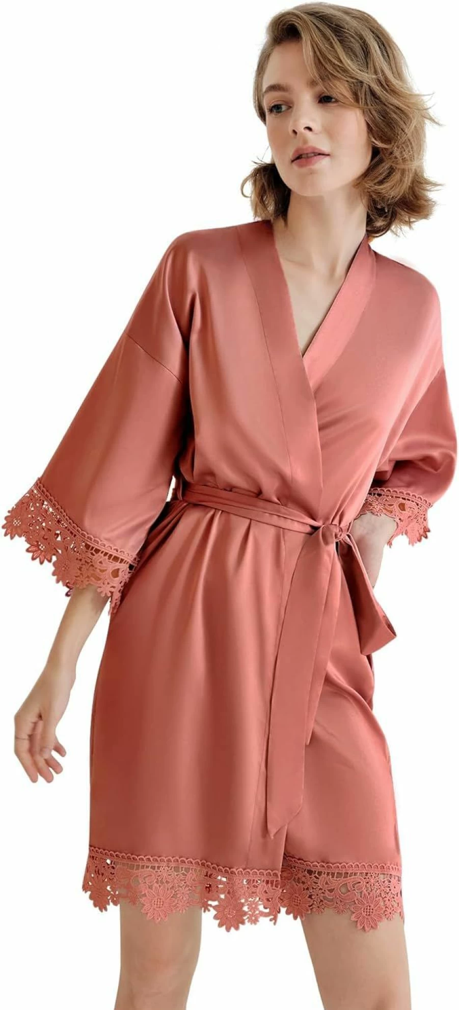 SIORO Women's Satin & Lace Kimono Robe - Bridesmaid Wedding Nightgown, Short Sleeve Silk Robe for Party, Medium Size