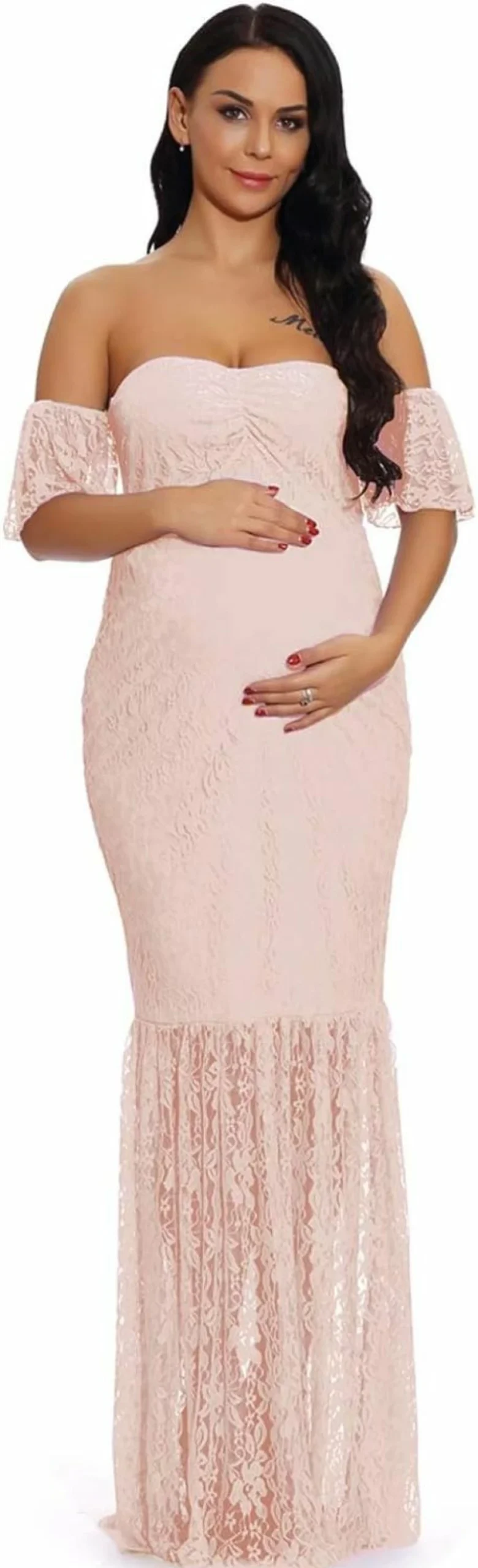 ZIUMUDY Women's Off Shoulder Lace Mermaid Maxi Dress for Maternity Photoshoot & Baby Shower Elegant Ruffled Sleeve Gown