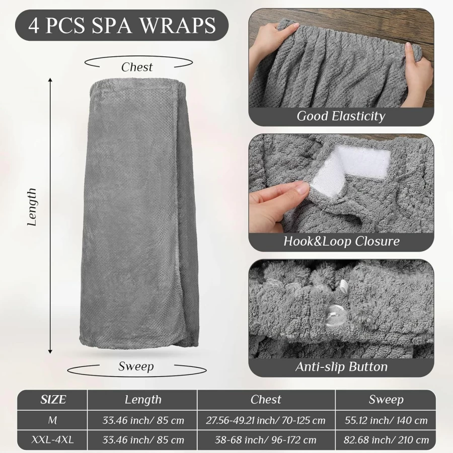 Tigeen 4-Pack Women's Waffle Spa Robes - Lightweight Bath Towel Wraps with Adjustable Elastic Closure for Shower & Lounge