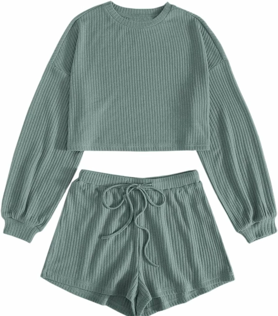 Verdusa Women's 2-Piece Rib-Knit Pajama Set - Soft Long Sleeve Lounge & Sleepwear