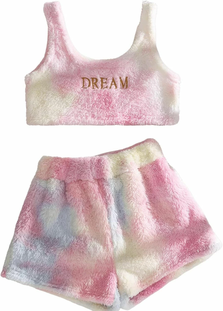 SweatyRocks Women's Cozy Fuzzy Pajama Set - Crop Tank Top & Shorts Lounge Wear for Comfort & Style