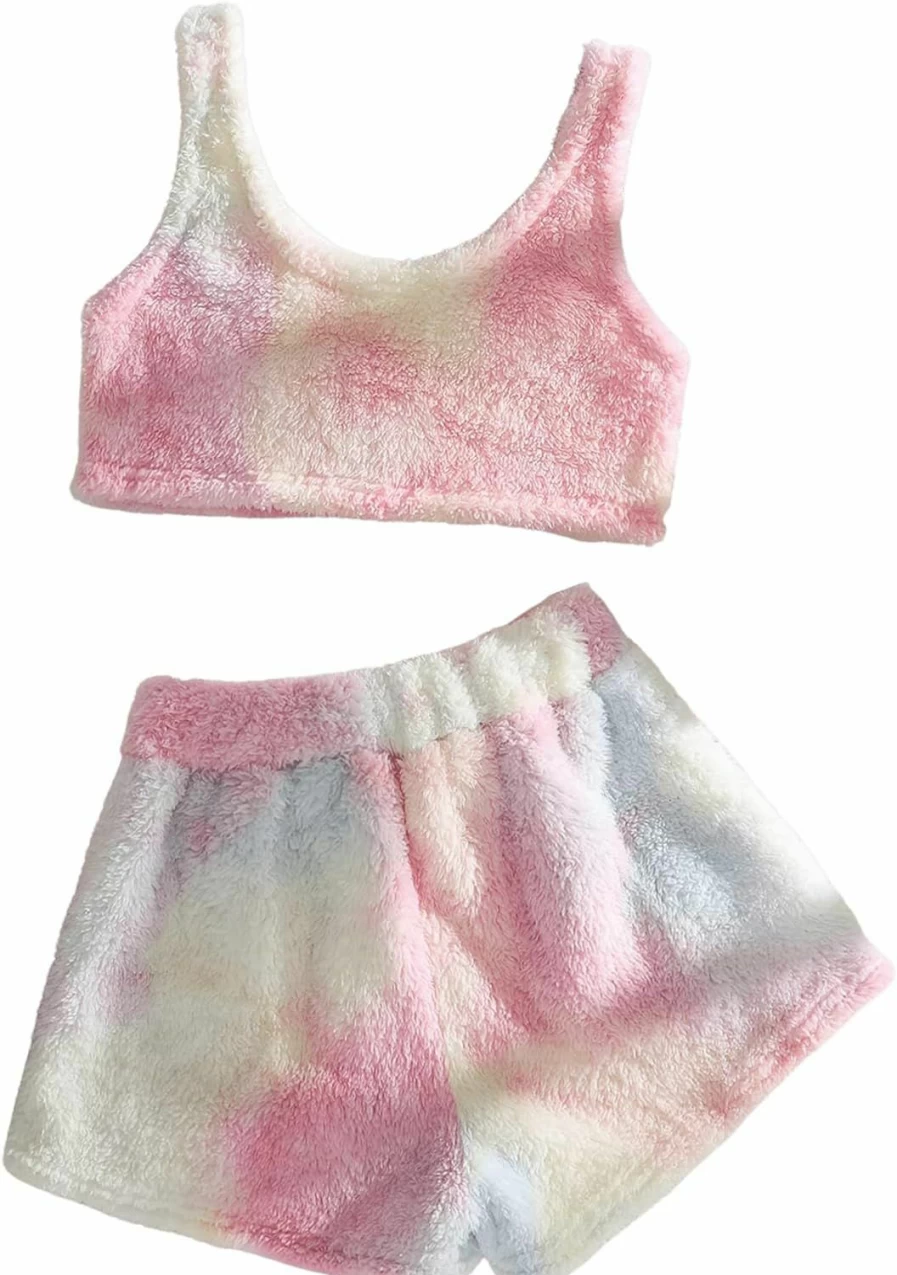 SweatyRocks Women's Cozy Fuzzy Pajama Set - Crop Tank Top & Shorts Lounge Wear for Comfort & Style