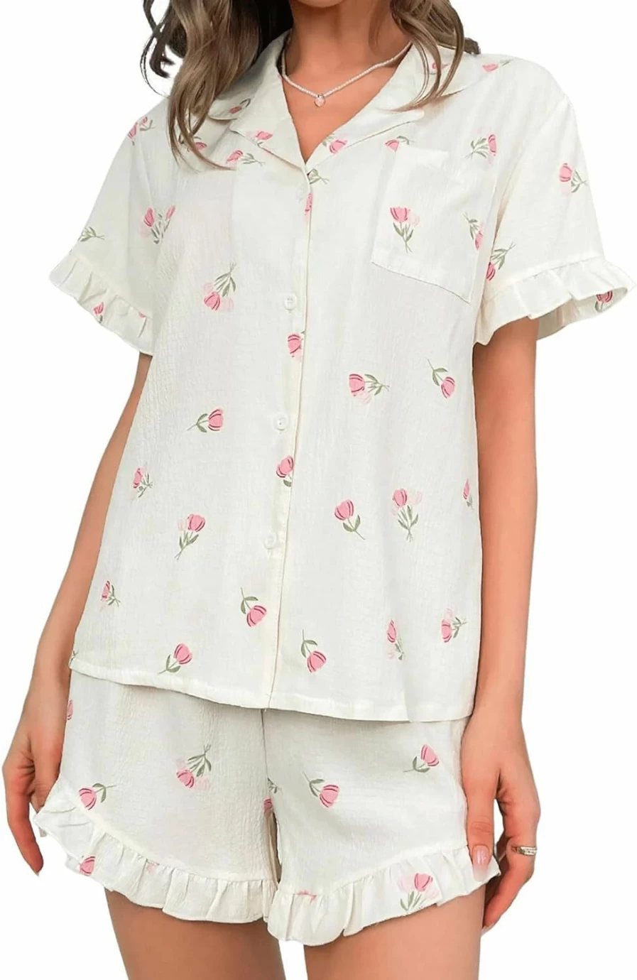 Verdusa Women's Floral Print Pajama Set - Short Sleeve Top & Ruffle Trim Shorts 2-Piece Sleepwear