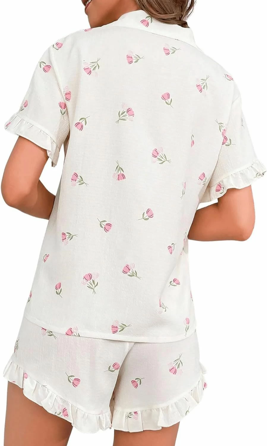 Verdusa Women's Floral Print Pajama Set - Short Sleeve Top & Ruffle Trim Shorts 2-Piece Sleepwear