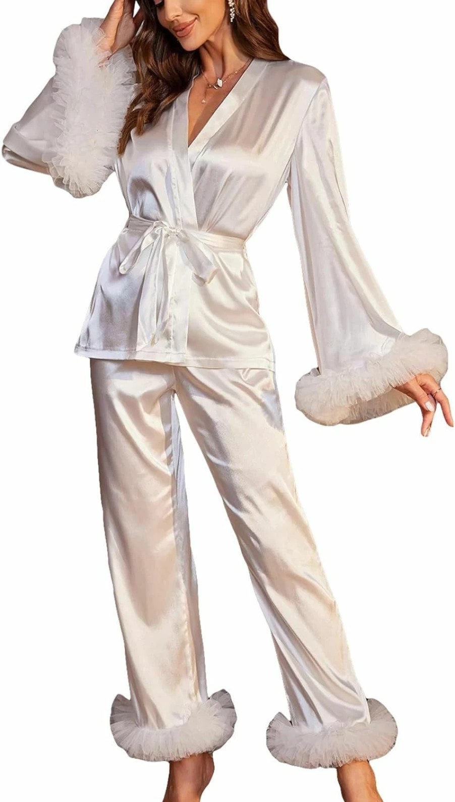 WDIRARA Women's Satin Pajama Set - Flare Sleeve Wrap Top & Mesh Trim Pants for Lounge & Sleep