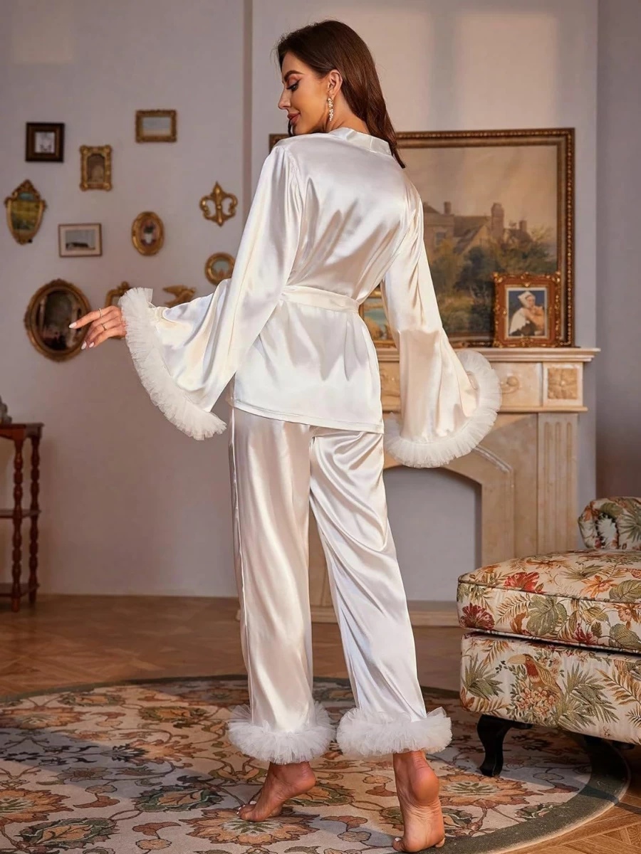 WDIRARA Women's Satin Pajama Set - Flare Sleeve Wrap Top & Mesh Trim Pants for Lounge & Sleep