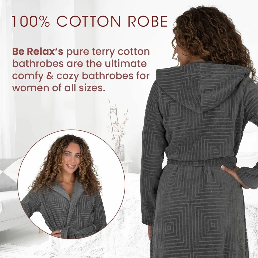 Be Relax Women's Terry Cotton Bathrobe - Full Length Hooded Robe with Shawl Collar, Belt & Pockets for Warmth & Comfort
