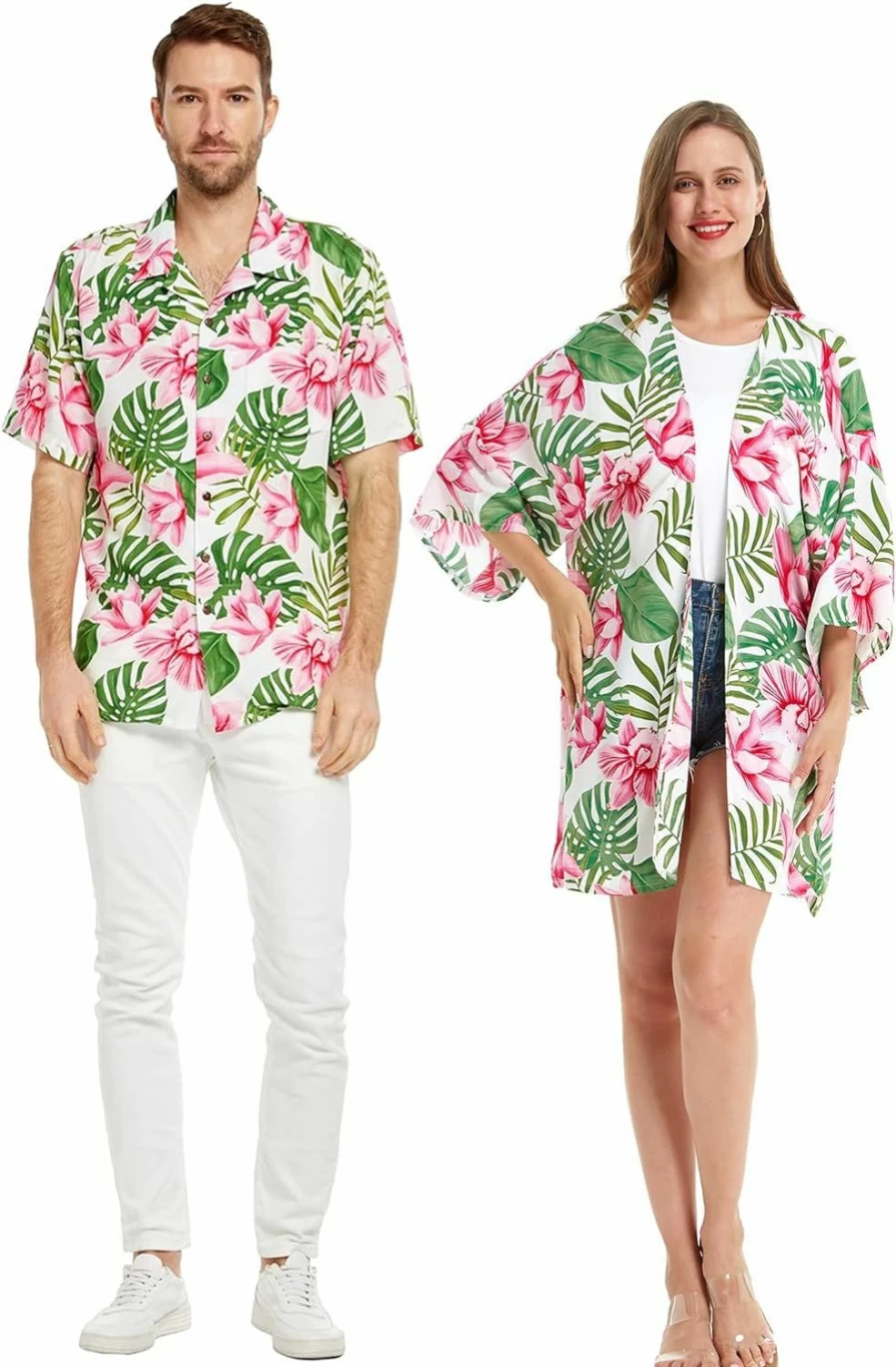 "Day Dream Bloom Hawaiian Shirt & Kimono Set for Couples - Hawaii Hangover Luau Matching Outfits"