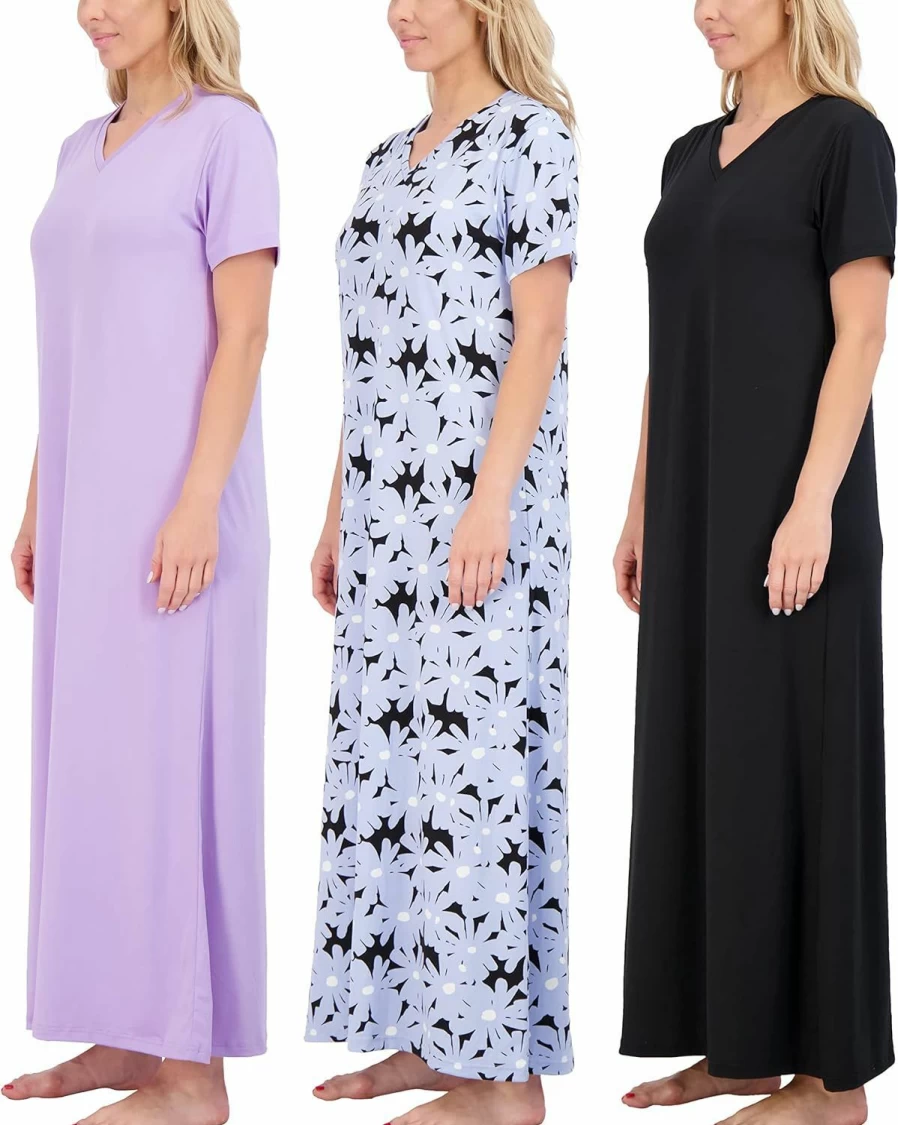 Real Essentials Women's Plus Size 3 Pack Soft Maxi Sleep Dress - Long Nightshirt with Short Sleeve Comfortable Nightgown
