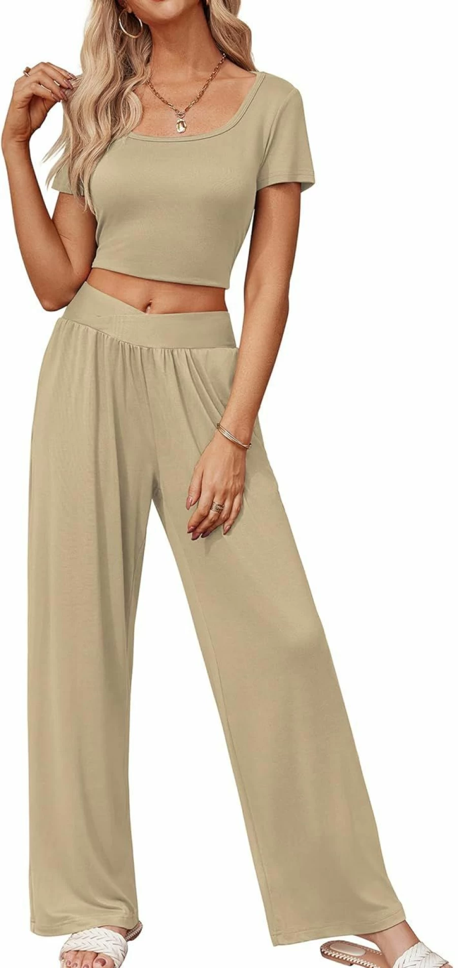 Ekouaer Women's Summer Lounge Set: 2-Piece Comfy Square Neck Top & Wide Leg Pants with Pockets