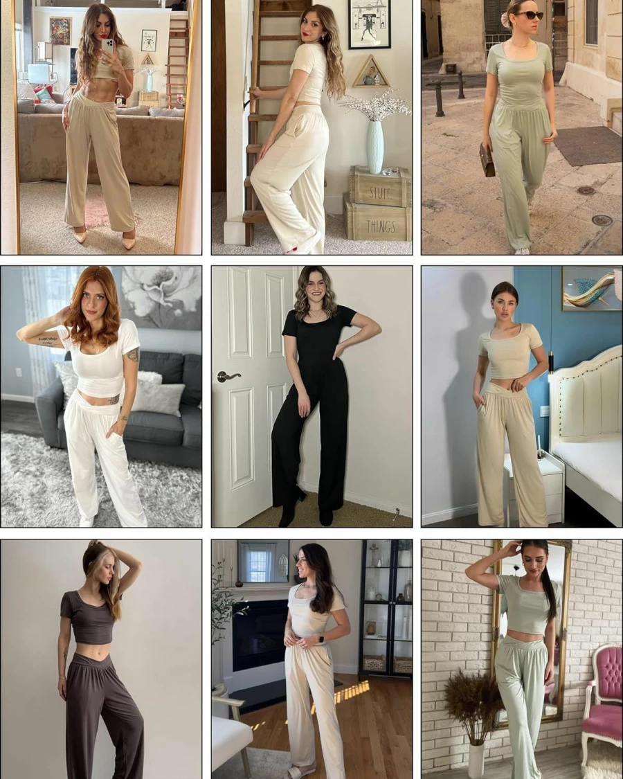 Ekouaer Women's Summer Lounge Set: 2-Piece Comfy Square Neck Top & Wide Leg Pants with Pockets