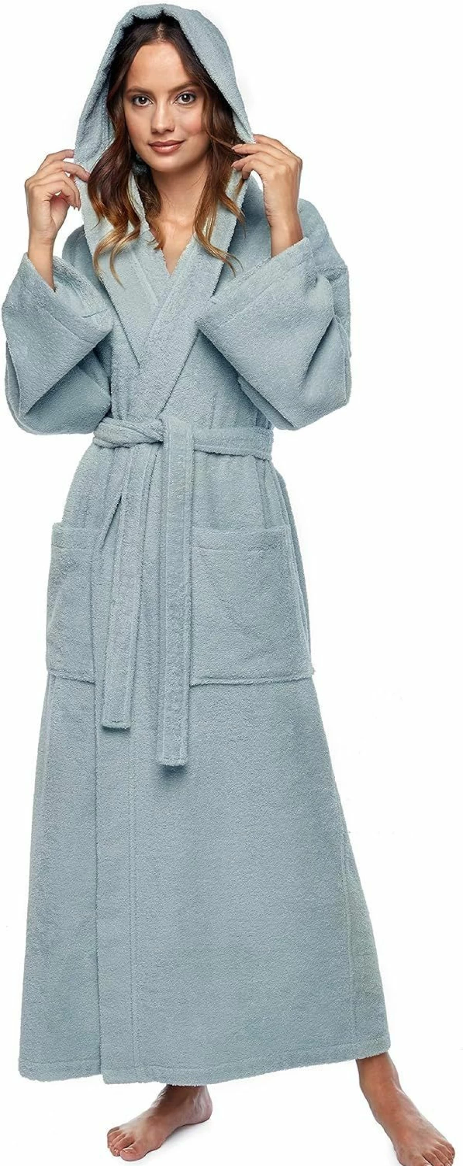 Arus Women's Turkish Cotton Hooded Bathrobe - Long Ankle Length Plush Robe for Women