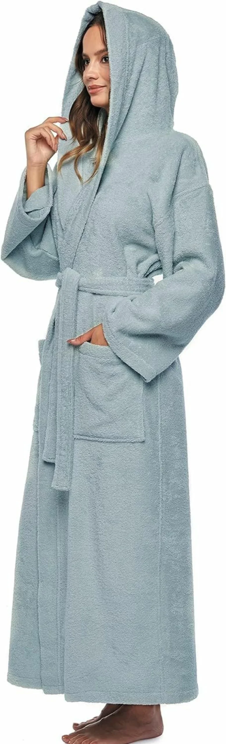 Arus Women's Turkish Cotton Hooded Bathrobe - Long Ankle Length Plush Robe for Women