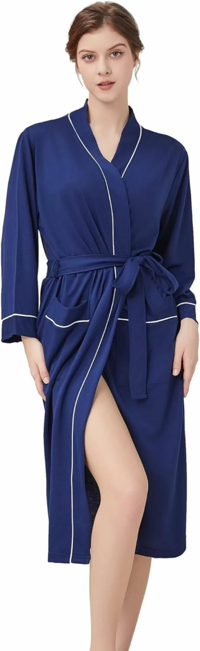 YOIPNEF Women's Lightweight Knit Kimono Robe - Cozy Spa Sleepwear Knee-Length Bathrobe with Pockets for Lounge & Relaxation