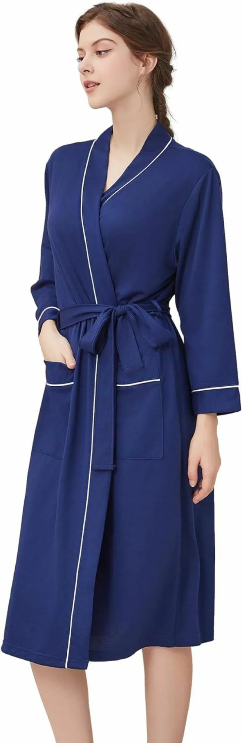 YOIPNEF Women's Lightweight Knit Kimono Robe - Cozy Spa Sleepwear Knee-Length Bathrobe with Pockets for Lounge & Relaxation