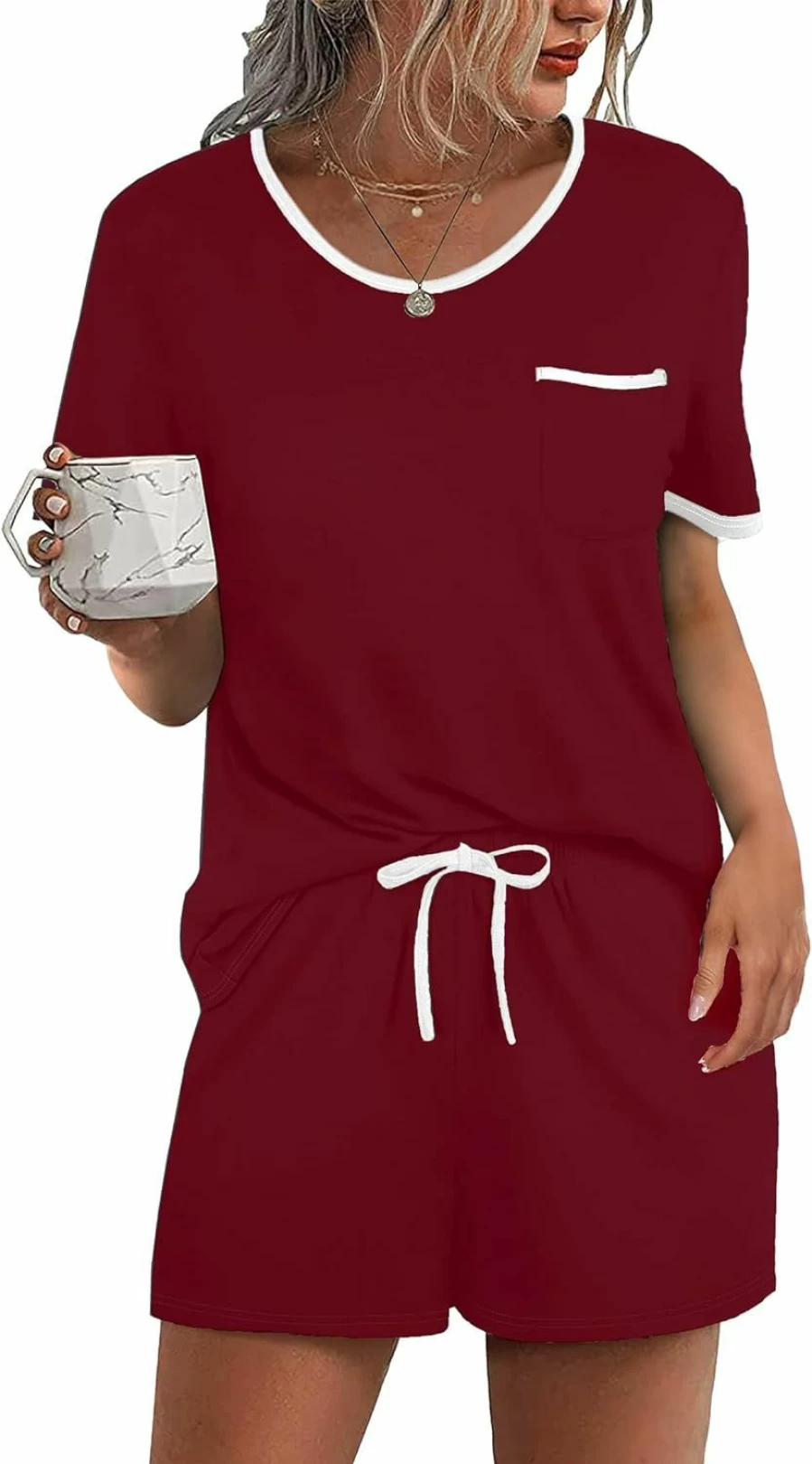 Ekouaer Women's Soft 2-Piece Pajama Set with Chest Pocket - Comfortable Sleepwear & Lounge Shorts Set